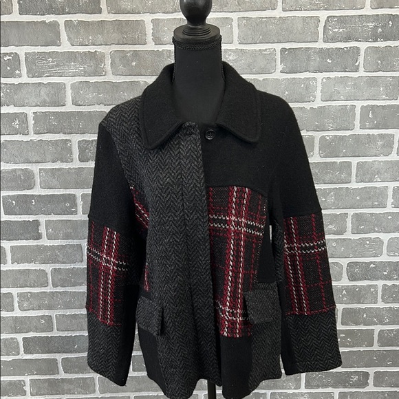 KEREN HART Black and Red Plaid Pea Coat with Textured Fabric Womens Size Medium - Picture 1 of 14
